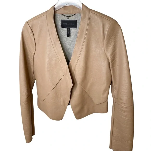 BCBG Maxazria Faux Vegan Leather Lloyd In Camel Cropped Jacket XS - Picture 2 of 9